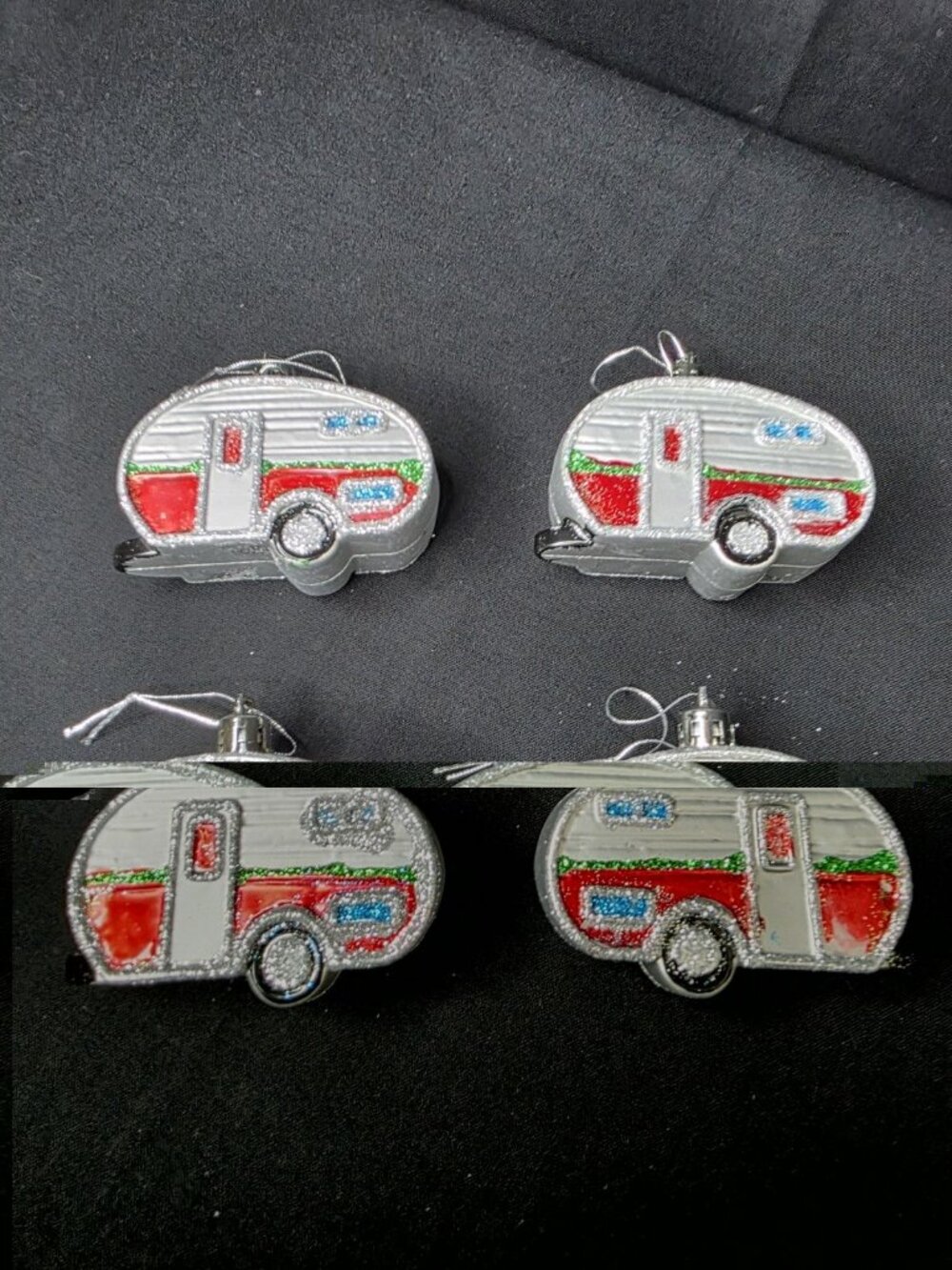 4 Retro Camper Trailer RV Decorated Silver Red Christmas Ornaments W Glitter